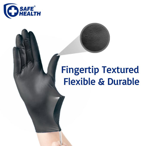 Safe Health Nitrile Black Disposable Gloves - Latex Free, Powder Free, Box of 100, XS, Textured, 3.5 mil