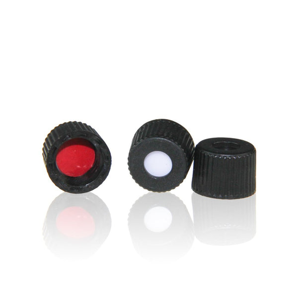 HPLC LC 8-425 Screw Thread Vial Caps, 8 mm, PTFE/Silicone Septa, Black, 100 pcs/pk Polypropylene