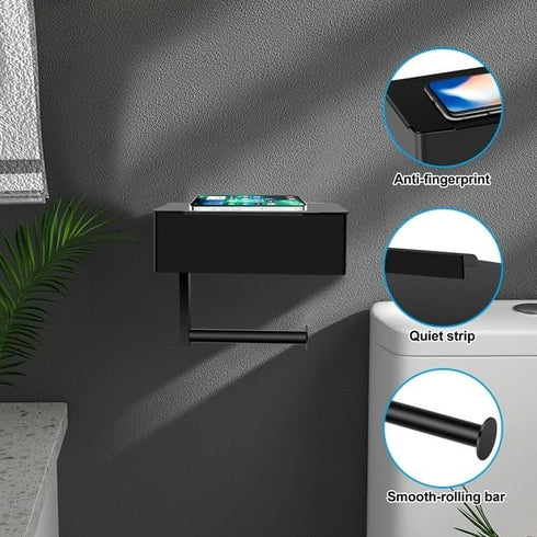 Toilet Paper Holder with Storage, Shelf of Bathroom Toilet Tissue Holder, Toilet Paper Roll Holder, Black Stainless