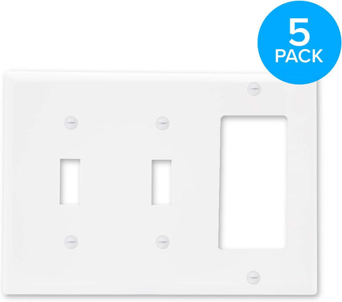 Maxxima 5 Pack 3 Gang Standard/Double Toggle Switch Outlet Wall Plate - White, Standard Size