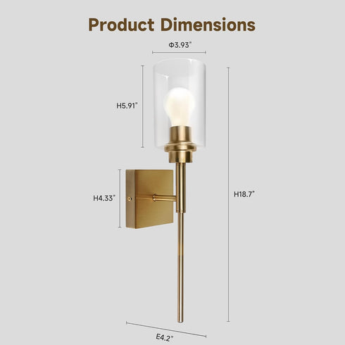 E26 CRI90 Bulb AUGE LIGHT Gold Wall Light, Brushed Bathroom Vanity Light with Clear Glass Shade, Bathroom Sconces