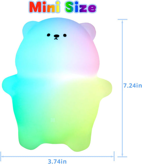 7 3 Dimmable Night Light for Kids, Cute Lying Flat Bear Led Night Light with Colors & Timer, Levels Silicone Kids Night
