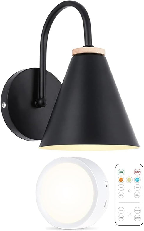 Battery Operated Black Faux-Wood Industrial Wall Sconce, Easy to Install Not Wires,