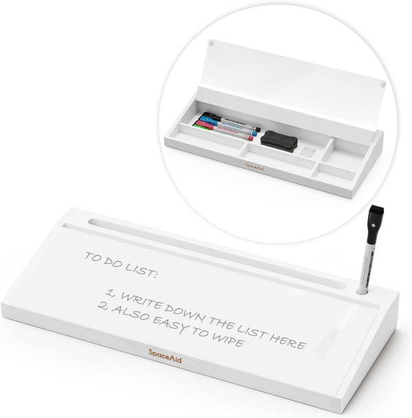SpaceAid Bamboo Desktop Whiteboard with Organizer Box, Dry Erase Holder & Computer Keyboard Stand Pad for Office