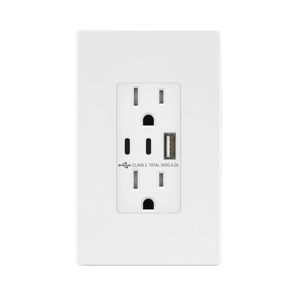 TOPGREENER 4.2A 21W 3-Port Type C USB Outlet, 15 Amp Receptacle Plug with Dual Type C & A Ports, UL Listed, White