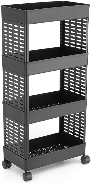 Generic 4-Tier Rolling Storage Cart, Black, Plastic, with Wheels, Slim Organizer for Kitchen,