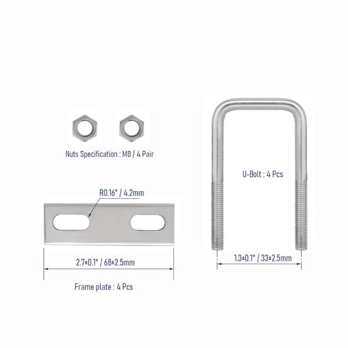 4 Sets 304 Stainless Steel Square U-Bolts, 0.98"(25mm) Inner Width, 2.95"(75mm) Length with Nuts, Accessories