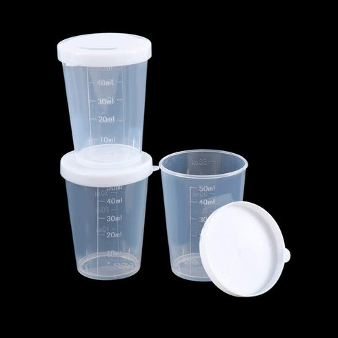 50ml Plastic Transparent Measuring Cups, Pack of 10 Clear Cups for Laboratory Test Calibration with Lid