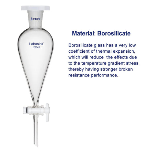 Conical Separatory Funnel, 250 ml Heavy Wall Borosilicate Glass with 24/29 Joints and PTFE Stopcock