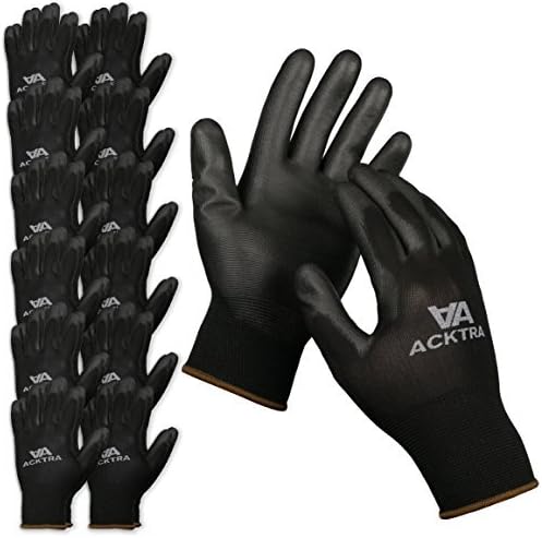 Ultra-Thin PU Safety WORK GLOVES, 12 Pairs, WG002 Black/Black, Medium