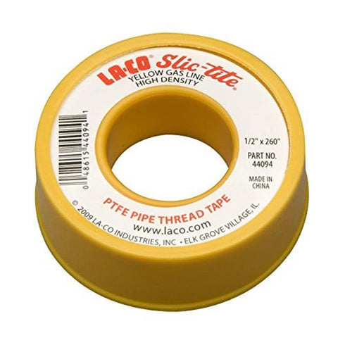 LA-CO 44094 Slic-Tite PTFE Gas Line Pipe Thread Tape, Premium Grade, 260" Length, 1/2" Wide, Yellow
