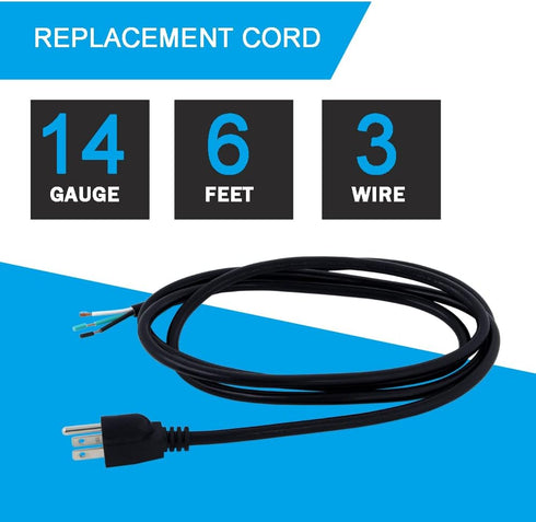 Heavy Duty AC Power Cord Pigtail - 14 Gauge 3 Prong 6 Feet Open End SJT 14AWG Replacement AC Wall Cable