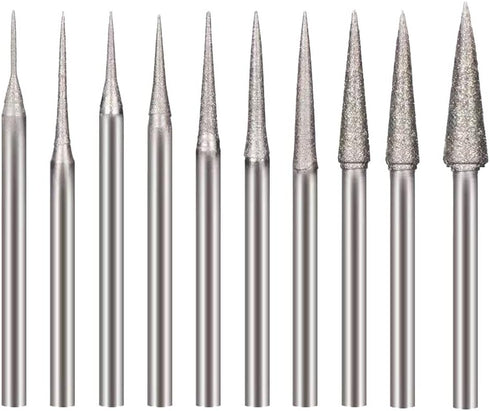 10 Pcs Diamond Burr 3/32'' Shank Cone Shape Burs for Rotary Tools, Dremel Included