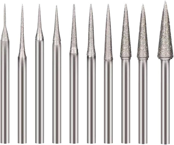 10 Pcs Diamond Burr 3/32'' Shank Cone Shape Burs for Rotary Tools, Dremel Included