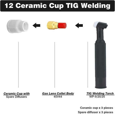 #12 Ceramic Cup White TIG Welding Cup fit Torch WP 9/20/25 Series with 3/32 Diffuser 3pk (HCZ-WST-40062+40063-6)
