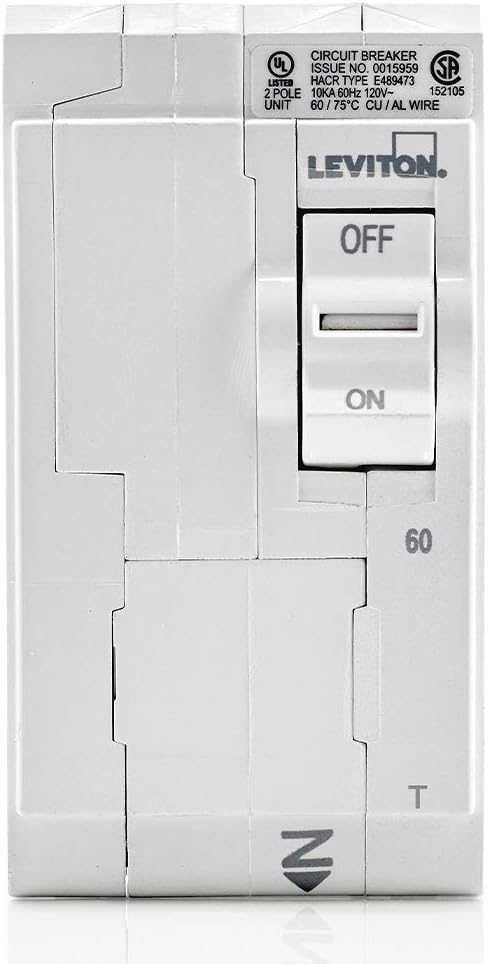 Leviton LB260-T 60A 2-Pole Plug-On Standard Branch Circuit Breaker, Thermal Magnetic, 120/240 VAC, White by Leviton
