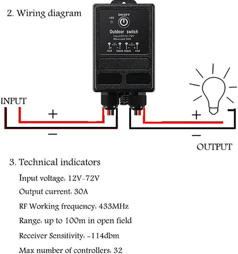 12v 12V-72V 328ft Switch,40A Remote Control Relay Switch, DC Wireless Switch Long Range, Waterproof Relay RF Remote