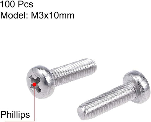uxcell M3x10mm Machine Screws Pan Phillips Cross Head Screw, 304 Stainless Steel Fasteners, 100Pcs