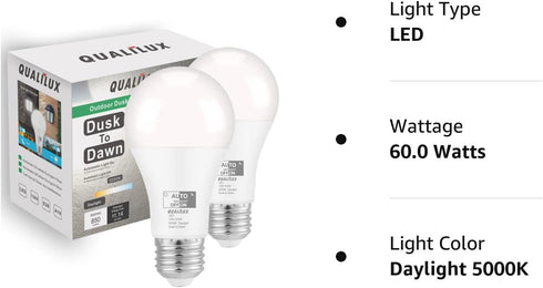 Dusk to Dawn Light Bulbs, 60W Equivalent, Daylight LED 9.5W, A19, 2-Pack, HQ-H011