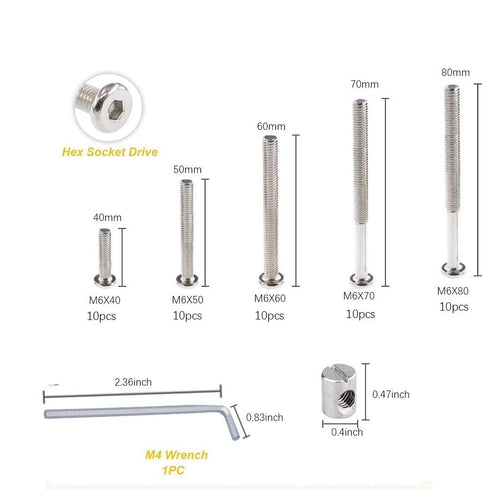 LOTOKEMU M6x40/50/60/70/80 mm (50set) Crib Screw Kit Furniture Bolts Barrel Nuts Assortment for Bunk Beds, Cribs, Baby
