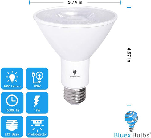 2 Pack PAR30 Bulbs 12W 100 1200 E26 5000K LED Flood Dusk to Dawn Light Outdoor Photocell Sensor Watt Equivalent Lumens