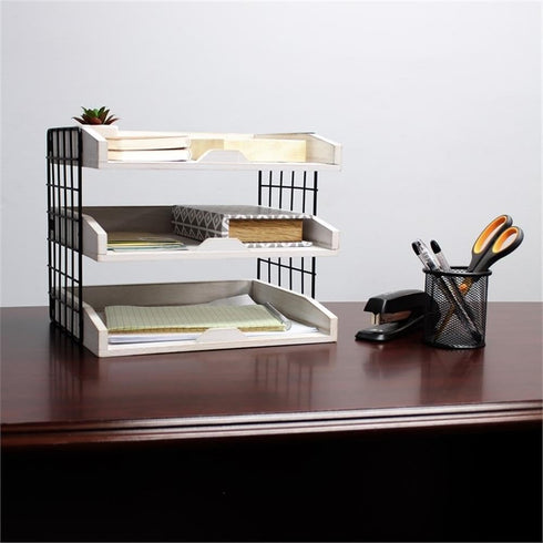 Elegant Designs HG1022-WWH Wood Desk Organizer, Home Office Mail Letter Tray with 3 Shelves, White Wash