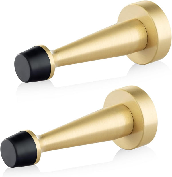 QOGRISUN Heavy Duty Solid Brass Door Stops, 3-1/4-inch Decorative Gold Wall Protector with Rubber Bumper Tip