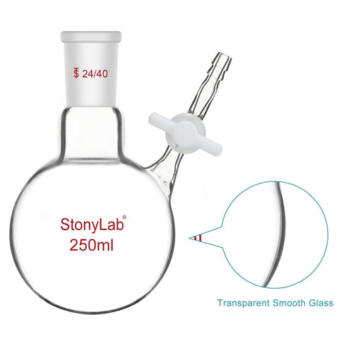 stonylab Borosilicate Glass Reaction Flask, Single-Neck 250 ml with 24/40 Joint and PTFE Stopcock Valve
