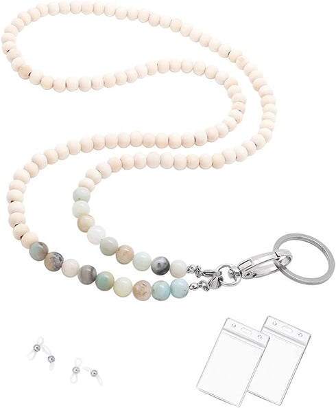 C&L Accessories Lanyards for ID Badges, Beaded Wooden Natural Stone Lanyard for Keys and Eyeglasses Chains (Amazonite