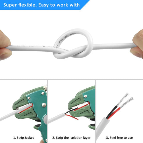 16 Gauge 2 Conductor Electrical Wire, 16.4FT White Stranded Low Voltage 16/2 Cable, 16 AWG Tinned Copper