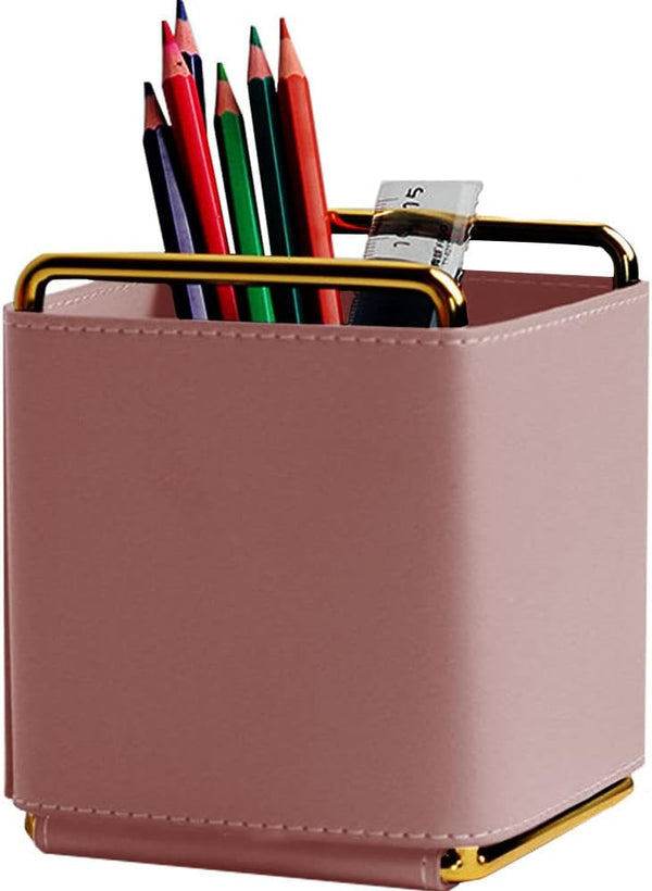 Leather Pencil Holder Desktop Organizer, Iron Art Storage Box for Makeup Brushes and Office Supplies in Pink