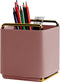 Leather Pencil Holder Desktop Organizer, Iron Art Storage Box for Makeup Brushes and Office Supplies in Pink