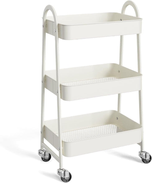 Generic 3 Tier Rolling Cart, Metal Utility Cart with Lockable Wheels - Kitchen Bathroom Organizer - White