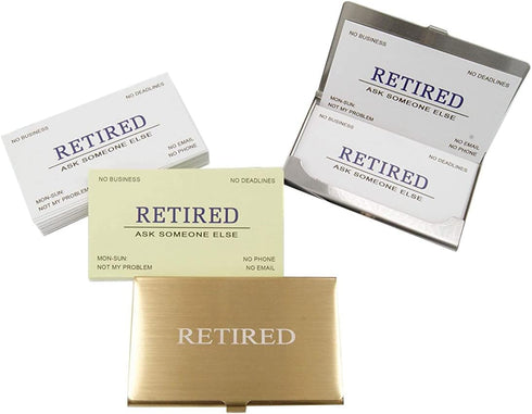 RXBC2011 Funny Retirement Gift Business Cards (Pack of 50) with Gold Stainless Steel Case for Retired Men Women