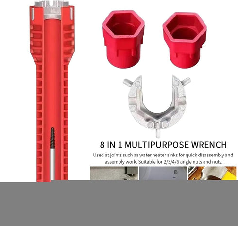 8-in-1 Multi-purpose Faucet and Sink Installer Wrench for Toilet Bowl, Sink, Bathroom, Kitchen Plumbing Repair (Red)