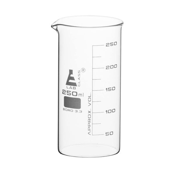 EISCO Beaker, 250ml - Tall Form with Spout, White, 25ml Graduations, Borosilicate 3.3 Glass
