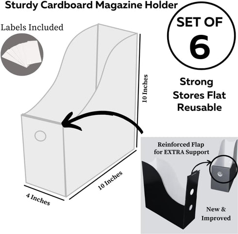 Evelots Magazine File Holder, Set of 6 Black, Office Desk Organizer, Sturdy Cardboard, Easy Assemble