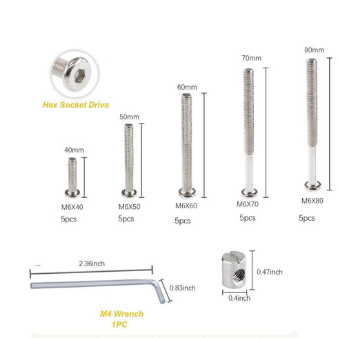 Lhazemu Set Delta/Graco/Dream,M6x40mm/50mm/60mm/70mm/80mm Nuts.(Silver-25set) Crib Screws Hardware Replacement Kit