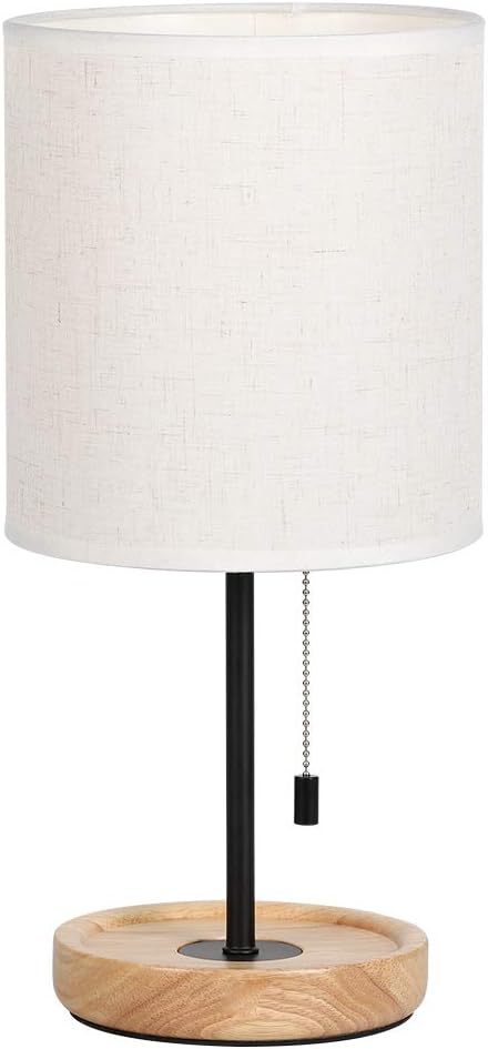 16 Inches (HT-AD005) HAITRAL Bedside Table Lamp - Modern Nightstand Lamp with Linen Fabric Shade Wooden Desk Lamps