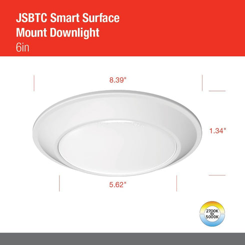6IN 90CRI M6 2700K-5000K 1100 6-Inch, Juno JSBTC TUWH WL MW Smart Surface Mount Disk Light, Tunable, Lumens, Connect