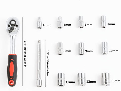 Ratchet Socket Wrench Set 1/4 Inch Drive, Mechanic Tool Kit with 4mm-13mm Metric Sockets, Release Ratchet Handle and Extension bar,Plastic Rack 12-Pieces by JENLEY
