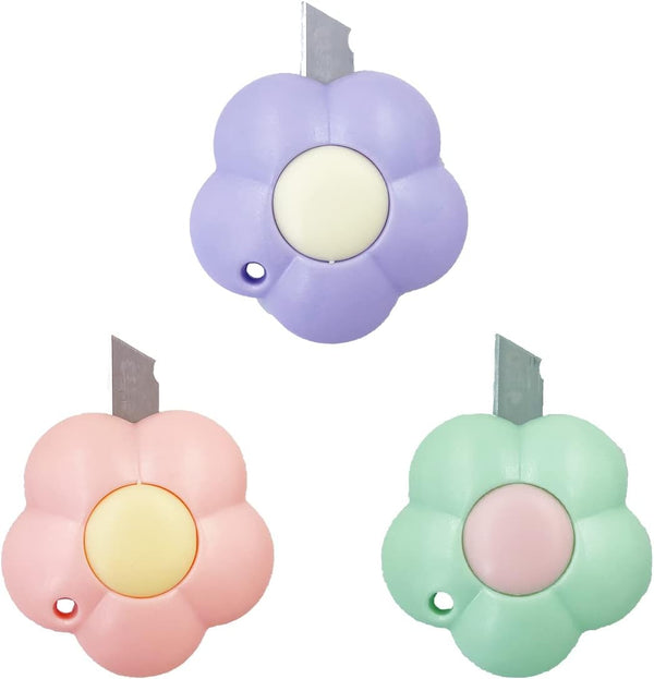 Cute 3Pcs Flower Shaped Mini Art Cutter Utility Knife - Smooth Pointed Mechanism for Office and Home Use