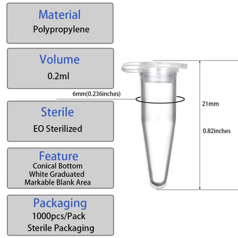 0.2ml Microcentrifuge Tubes 1000 Pieces, EO Sterilized Plastic Small Vials for Sample Storage
