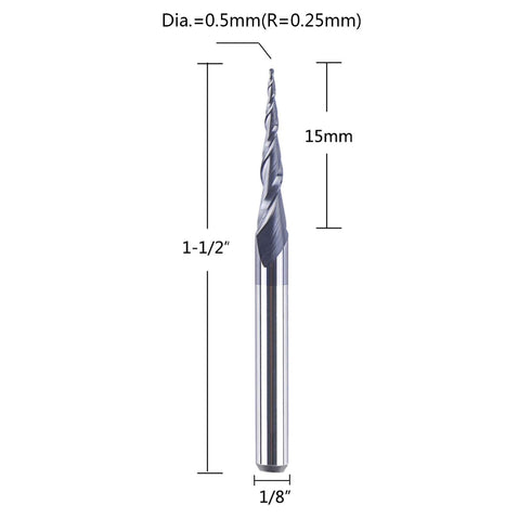 5Pcs 1/8 inch 0.25MM (0.5MM 3D SpeTool Tapered Ball Nose Carving End Mill Shank Radius Diameter) Tips Woodworking Tool