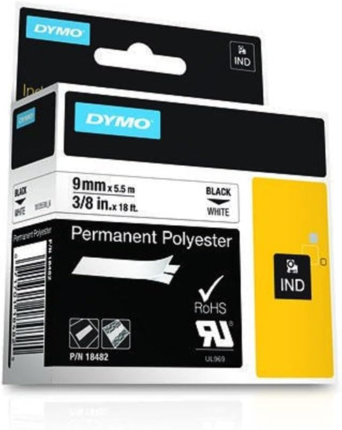 DYMO Rhino Industrial Permanent Polyester Labels, 3/8", Black Print on White Tape
