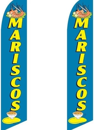 Super Ad Flag 2 (two) Pack Tall Swooper Flags Mariscos (Seafood) Blue Yellow Bowl Shrimp