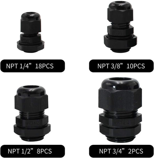 MAKERELE NPT Cable Glands Kit Waterproof Adjustable Nylon 1/4 3/8 1/2 3/4 Plastic Strain Relief Cord Connectors 38pcs Black With Gaskets