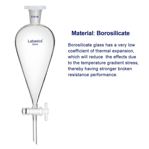 500 ml Conical Separatory Funnel, Heavy Wall Borosilicate Glass with 24/29 Joints and PTFE Stopcock