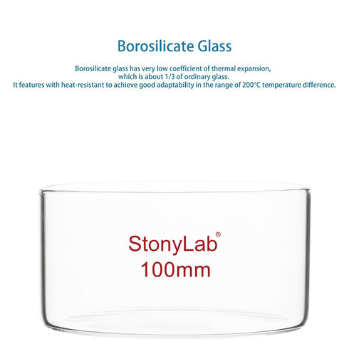 stonylab Thick-Wall High Borosilicate Glass Crystallizing Dish, Flat Bottom, No Spout, O.D. 100 mm, 300 ml
