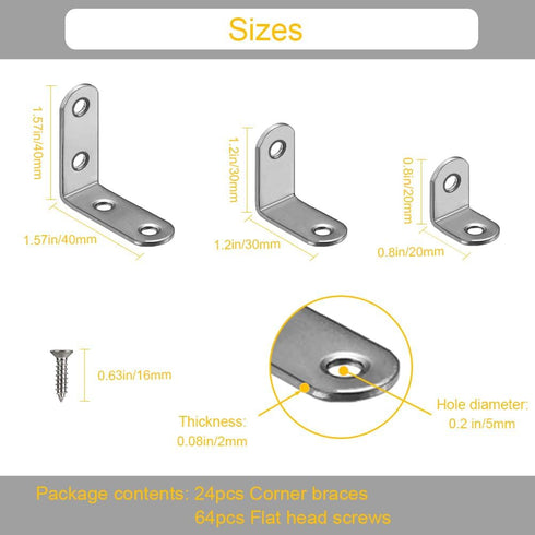 24 3 90 Pcs L Bracket Size Corner Brace Stainless Steel Small Shelf Braces for Wood, Shelves, Wall Hanging Support